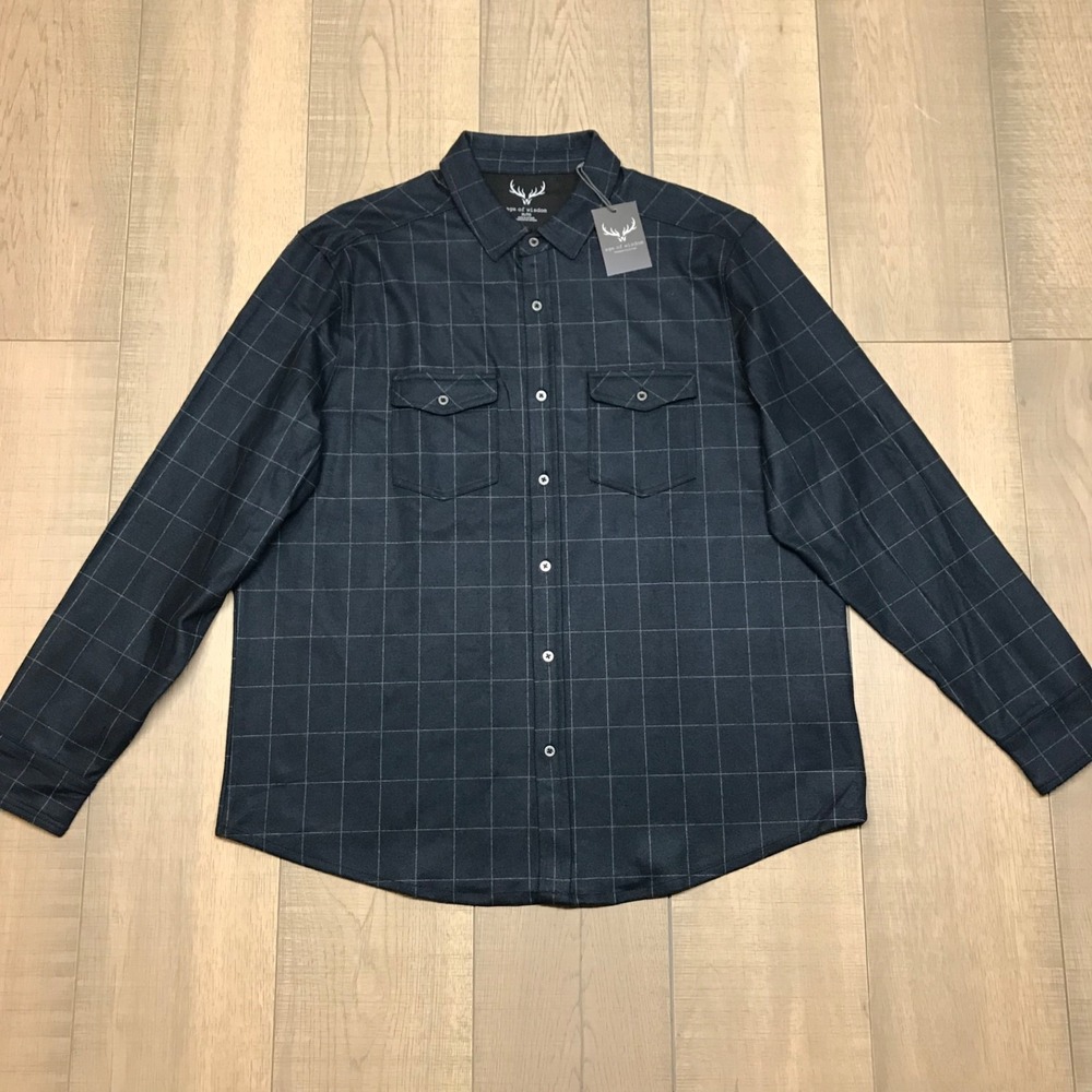 Age of Wisdom Flannel Shirt Mens Size XL Blue Windowpane Plaid Button Up Stretch